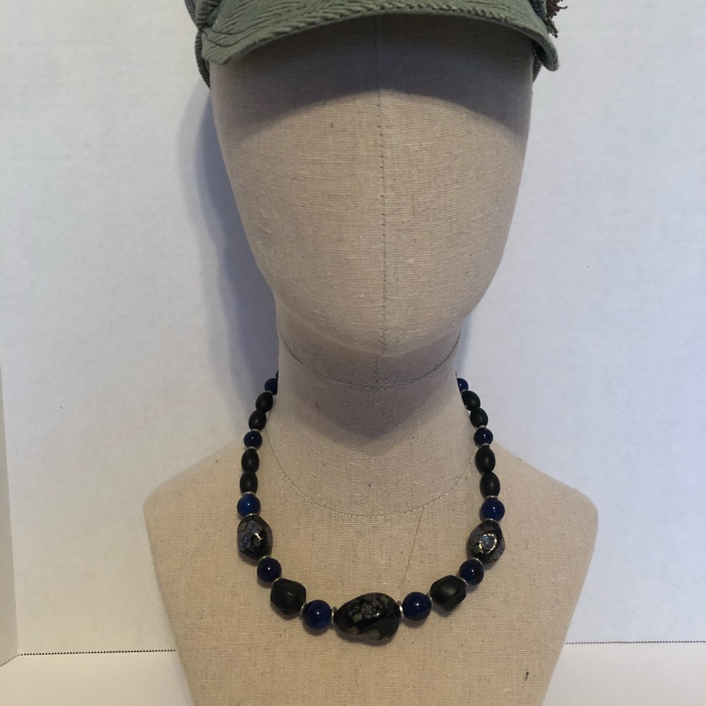 1970’s black and blue necklace with floral beads